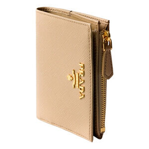 Prada Saffiano Beige Brown Multicolor Snap Bifold Zip Coin Pocket